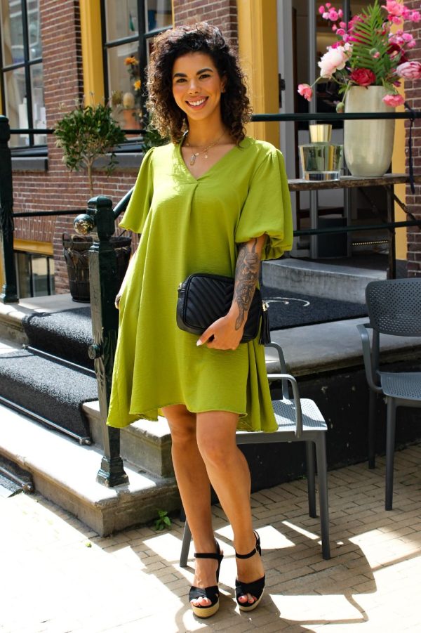 Tea Dress Puff Sleeves Green